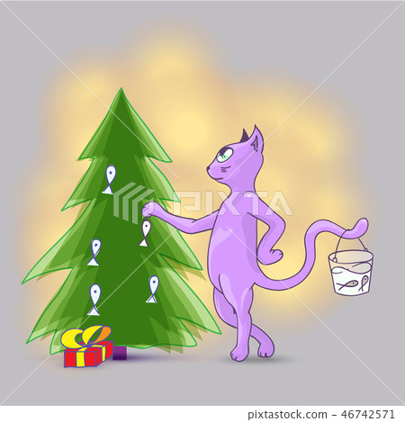 cat decorating Christmas tree with toy fish 46742571