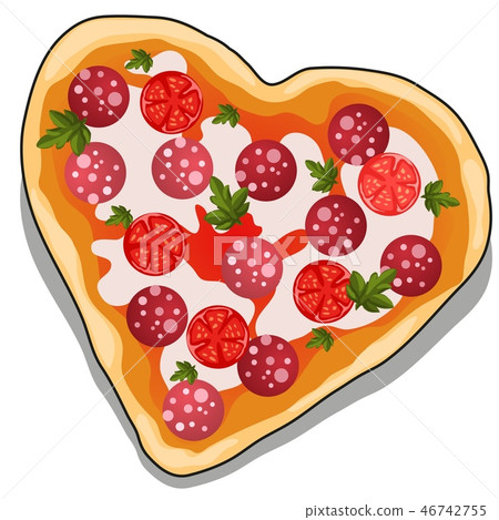 Delicious pizza in the shape of a heart isolated on white background. Vector cartoon close-up 46742755