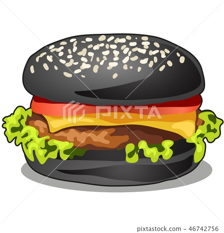 Black big burger with cutlet of beef meat, melted cheese, leaf of lettuce and tomato isolated on Black big burger with cutlet of beef meat, melted cheese, leaf of lettuce and tomato isolated on 46742756