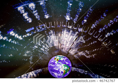 Earth planet with spotlights lighting flare Earth planet with spotlights lighting flare 46742767