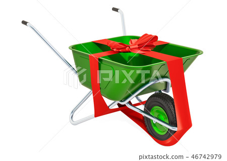 Gift concept. Wheelbarrow with bow and ribbon 46742979