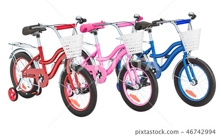 Set of colored kids bicycles with training wheels 46742994