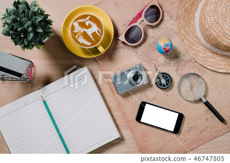 Flat lay traveler accessories on wooden background 46747805