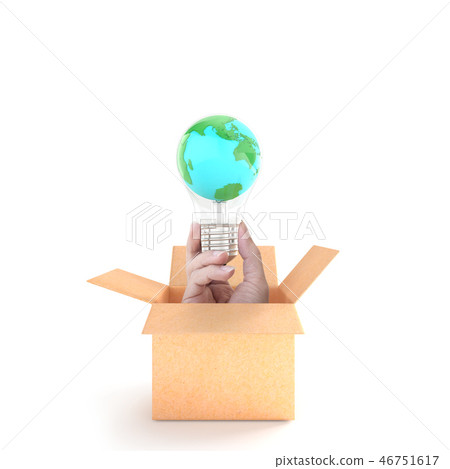 Hand holding earth in light bulb in cardboard Box Hand holding earth in light bulb in cardboard Box 46751617