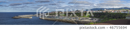 Panoramic View of colorful quay and port of village Rabo de Peixe with boats, church and lighthouse Panoramic View of colorful quay and port of village Rabo de Peixe with boats, church and lighthouse 46755694