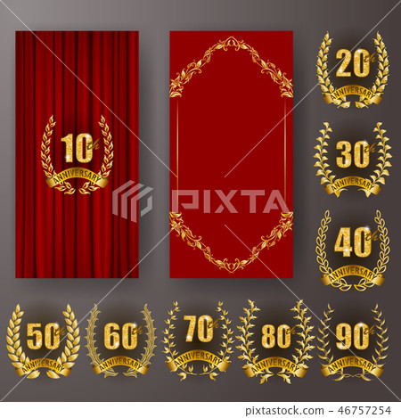 Set of anniversary card, invitation with laurel wreath, number. Decorative gold emblem of jubilee on Set of anniversary card, invitation with laurel wreath, number. Decorative gold emblem of jubilee on 46757254