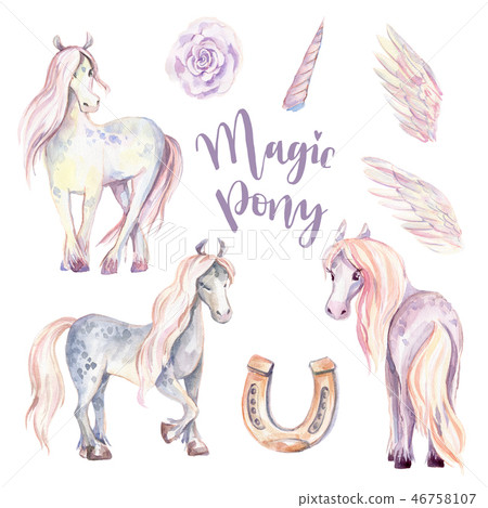 Magic Pony, Pegasus, Unicorn set. Watercolor illustration, beaut Magic Pony, Pegasus, Unicorn set. Watercolor illustration, beaut 46758107