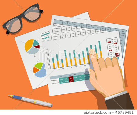 Man pointing at graphs and charts in the document 46759491