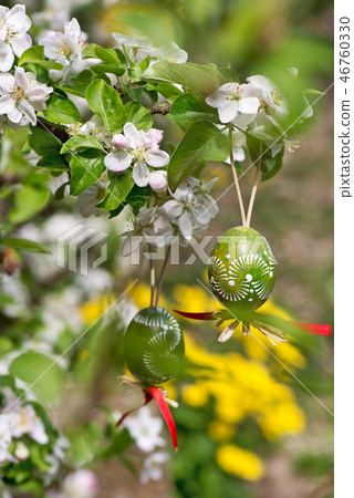 Easter egss hanging on the twig of apple tree Easter egss hanging on the twig of apple tree 46760330