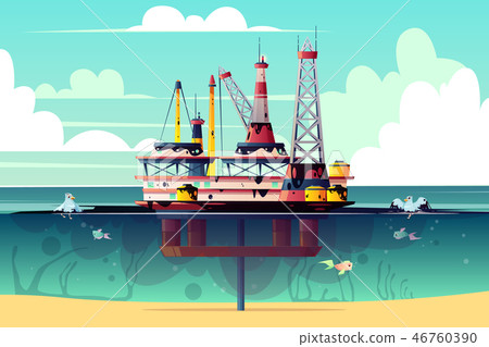 Vector oil rig in water with pollution 46760390