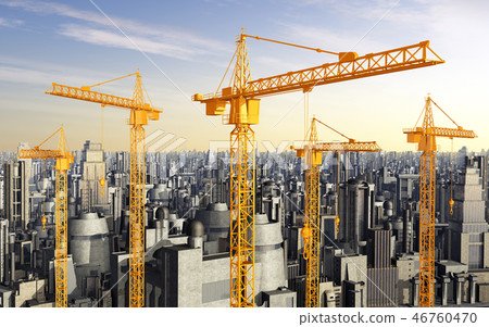 Construction cranes in front of skyscrapers 46760470