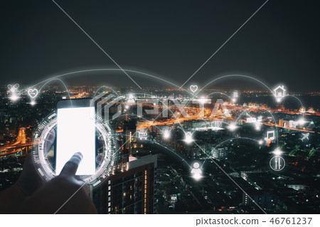 Hand using smart phone with network icon 46761237