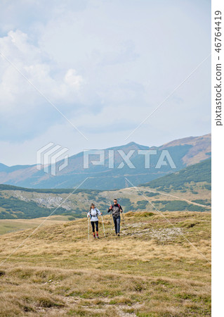 Sporty hikers on path with trekking poles 46764419