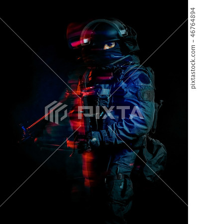 one soldier police swat tactical forces man isolated black backg one soldier police swat tactical forces man isolated black backg 46764894