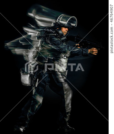 one soldier police swat tactical forces man isolated black backg one soldier police swat tactical forces man isolated black backg 46764907