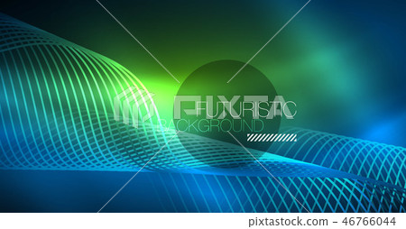 Glowing abstract wave on dark, shiny motion, Christmas and New Year magic space light. Techno Glowing abstract wave on dark, shiny motion, Christmas and New Year magic space light. Techno 46766044