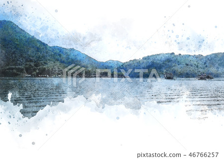 Mountain peak and river on watercolor painting. Mountain peak and river on watercolor painting. 46766257