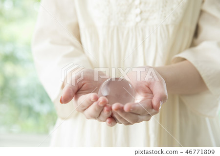 Female hand with a transparent ball Female hand with a transparent ball 46771809
