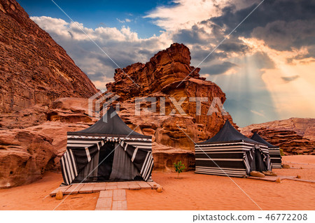 Tourist tents in Wadi Rum dessert. Jordan. Tourist tents in Wadi Rum dessert. Jordan. 46772208