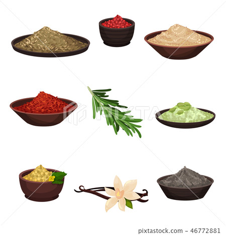 Flat vector set of different seasonings. Organic fragrant ingredients for flavoring dishes. Cooking 46772881