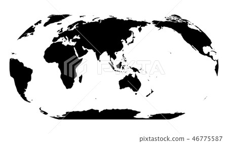 World Map in Robinson Projection. Asia and Australia centered. Solid black land silhouette. Vector 46775587