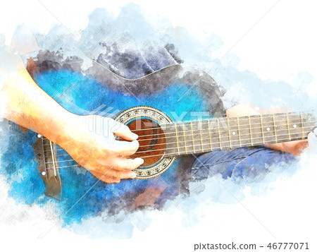 Abstract playing acoustic Guitar watercolor paint. 46777071