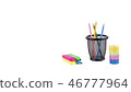 markers and other colorful office stationery closeup on white 46777964
