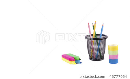 markers and other colorful office stationery closeup on white markers and other colorful office stationery closeup on white 46777964
