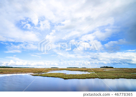 River landscape with dry plains under a blue sky River landscape with dry plains under a blue sky 46778365