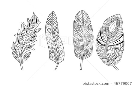Collection of stylized feathers, black and white tribal, artistically drawn feather, pattern for Collection of stylized feathers, black and white tribal, artistically drawn feather, pattern for 46779007