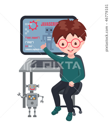 Smiling boy sitting at laptop and learning coding. 46779181