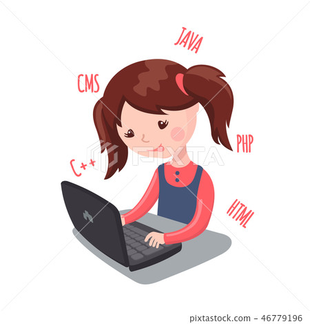 Smiling girl sitting at laptop and learning coding. 46779196