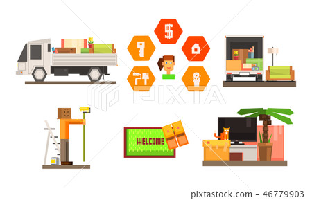 Real estate icons set, people moving to a new home, truck transporting furniture and personal Real estate icons set, people moving to a new home, truck transporting furniture and personal 46779903