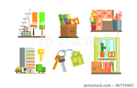 Real estate icons set, people moving to a new home, making repairs in the apartment vector 46779905