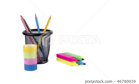 Colored pencils in a case, markers. colored tape on white background Colored pencils in a case, markers. colored tape on white background 46780039