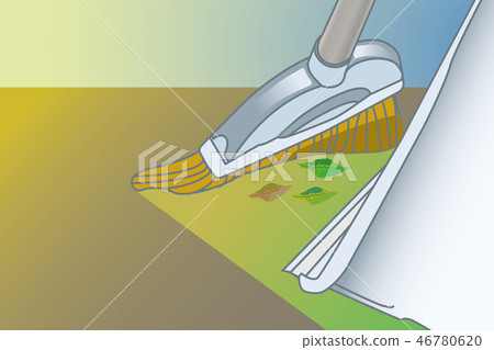 Scoop and broom. Sweeping garbage on tiles. Scoop and broom. Sweeping garbage on tiles. 46780620
