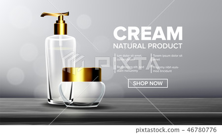 Cosmetic Glass Poster Vector. Oil, Water, Perfume. Premium Jar. Medical Moisturizer. Bottle. Jar. 3D 46780776