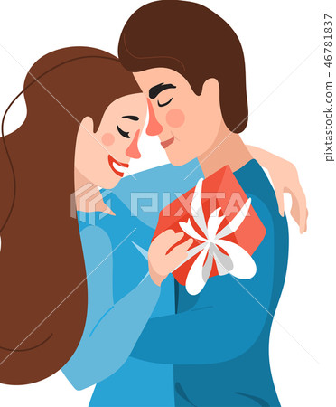 Beautiful young couple in love hugging, kissing and enjoying spending time together with gift box in 46781837