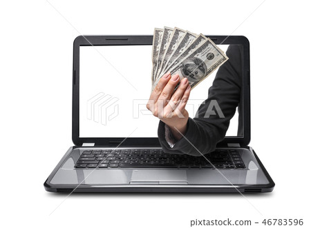 hand with money coming out of laptop 46783596
