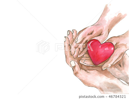watercolor drawing adult and child hands holding red heart, health care, donate and family insurance 46784321