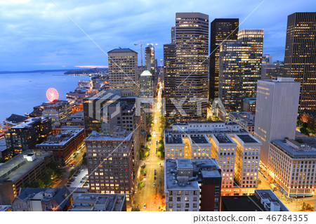 Aerial Seattle, Washington skyline in evening Aerial Seattle, Washington skyline in evening 46784355