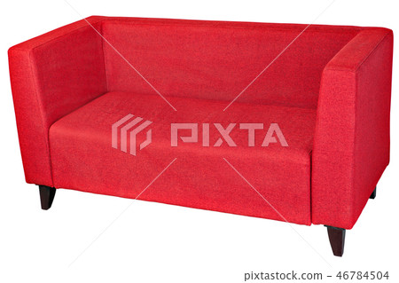 Upholstered sofa in red fabric with wooden legs. Upholstered sofa in red fabric with wooden legs. 46784504