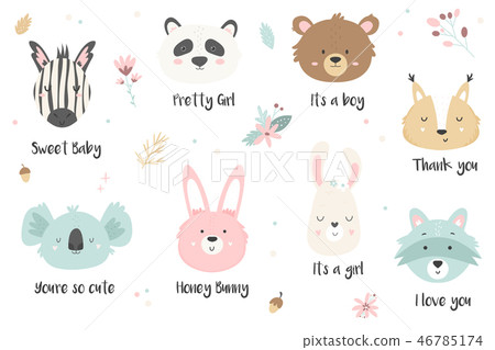 Big set of hand drawn cute animals ant text. 46785174