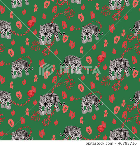 Tiger and chain green red pattern fashion jungle wild vector design. Tiger and chain green red pattern fashion jungle wild vector design. 46785710