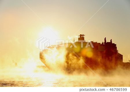 Sunrise of Hitachi Port and car carrier early in January Hitachi City, Ibaraki Prefecture 46786599