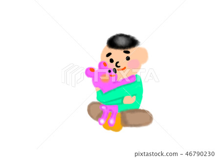 一個男嬰和一個填充玩具的擁抱。 一個男嬰和一個填充玩具的擁抱。 46790230