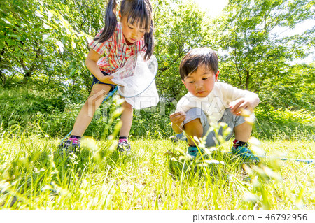 追逐與微笑網的兩個孩子昆蟲與昆蟲網 46792956