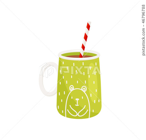 Tasty cocoa in cup with drinking straw. Delicious hot chocolate. Green mug with bear print. Flat Tasty cocoa in cup with drinking straw. Delicious hot chocolate. Green mug with bear print. Flat 46796788