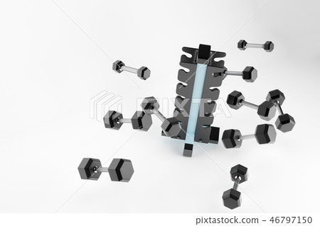 3D rendering. Set of isolated dumbbells for sport on a white background folded on a special black 46797150