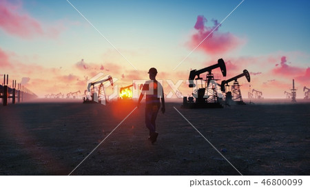 Oil worker inspects oil pumps at sunrise on the background of cloudless beautiful sky. 3D Rendering 46800099
